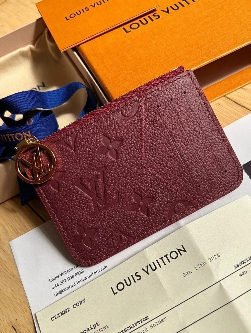 Louis Vuitton Burgundy Embossed Monogram Card Pouch with Gold Charm